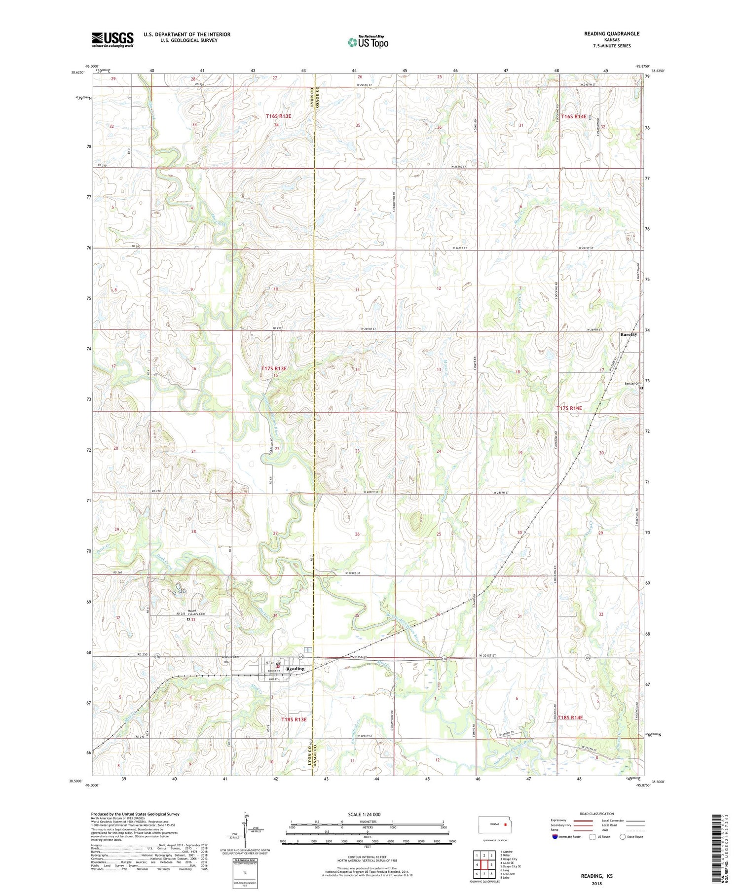 Reading Kansas US Topo Map Image