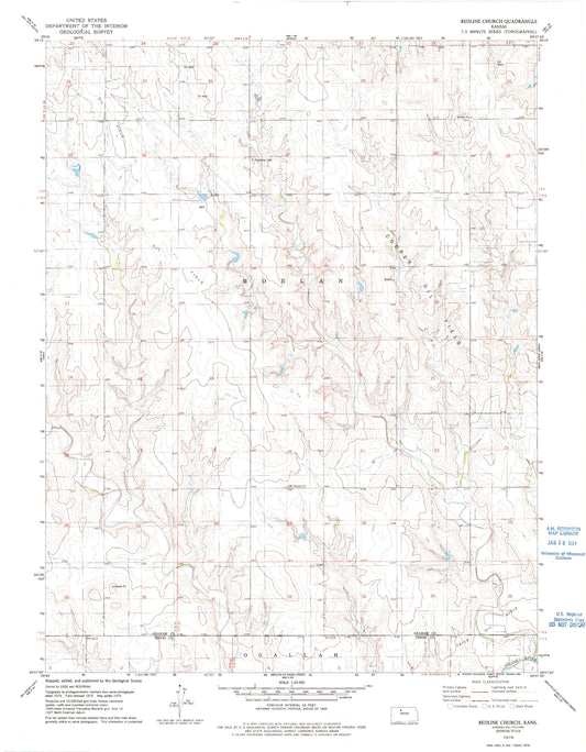 Classic USGS Redline Church Kansas 7.5'x7.5' Topo Map Image