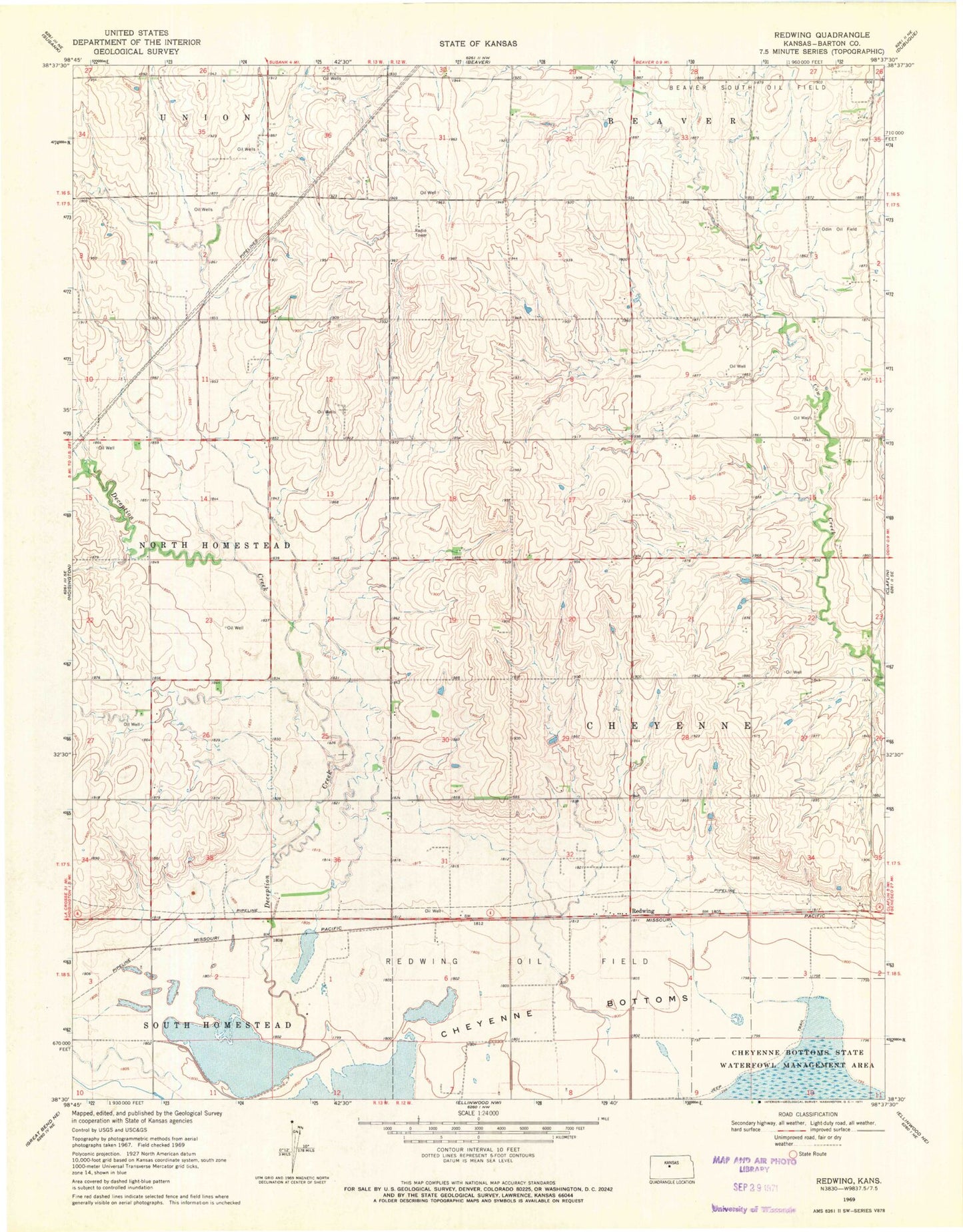 Classic USGS Redwing Kansas 7.5'x7.5' Topo Map Image