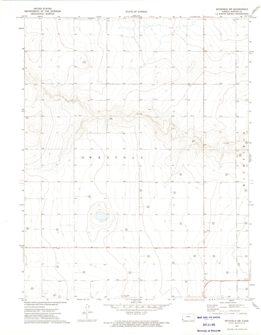 Classic USGS Richfield SW Kansas 7.5'x7.5' Topo Map Image