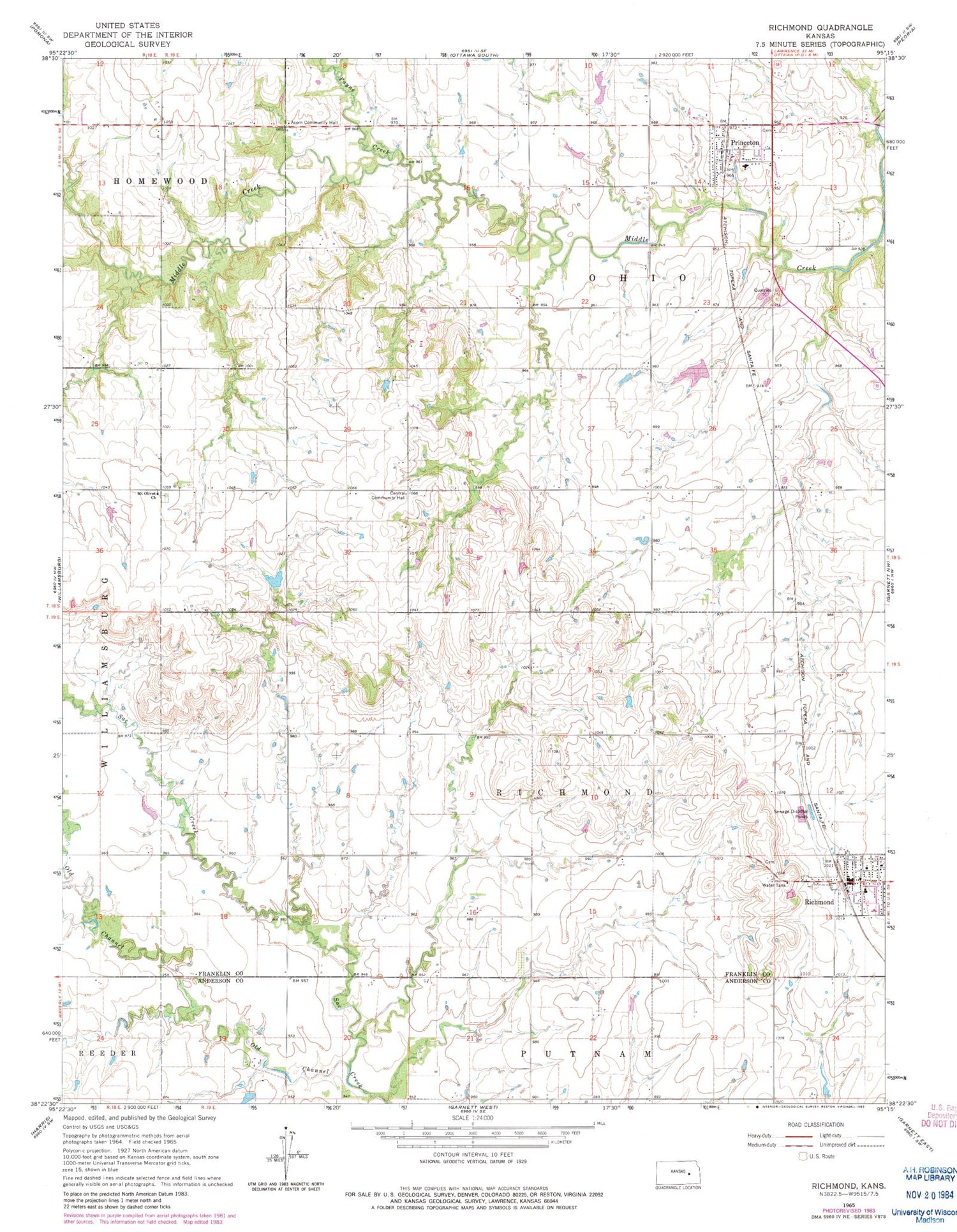 Classic USGS Richmond Kansas 7.5'x7.5' Topo Map Image
