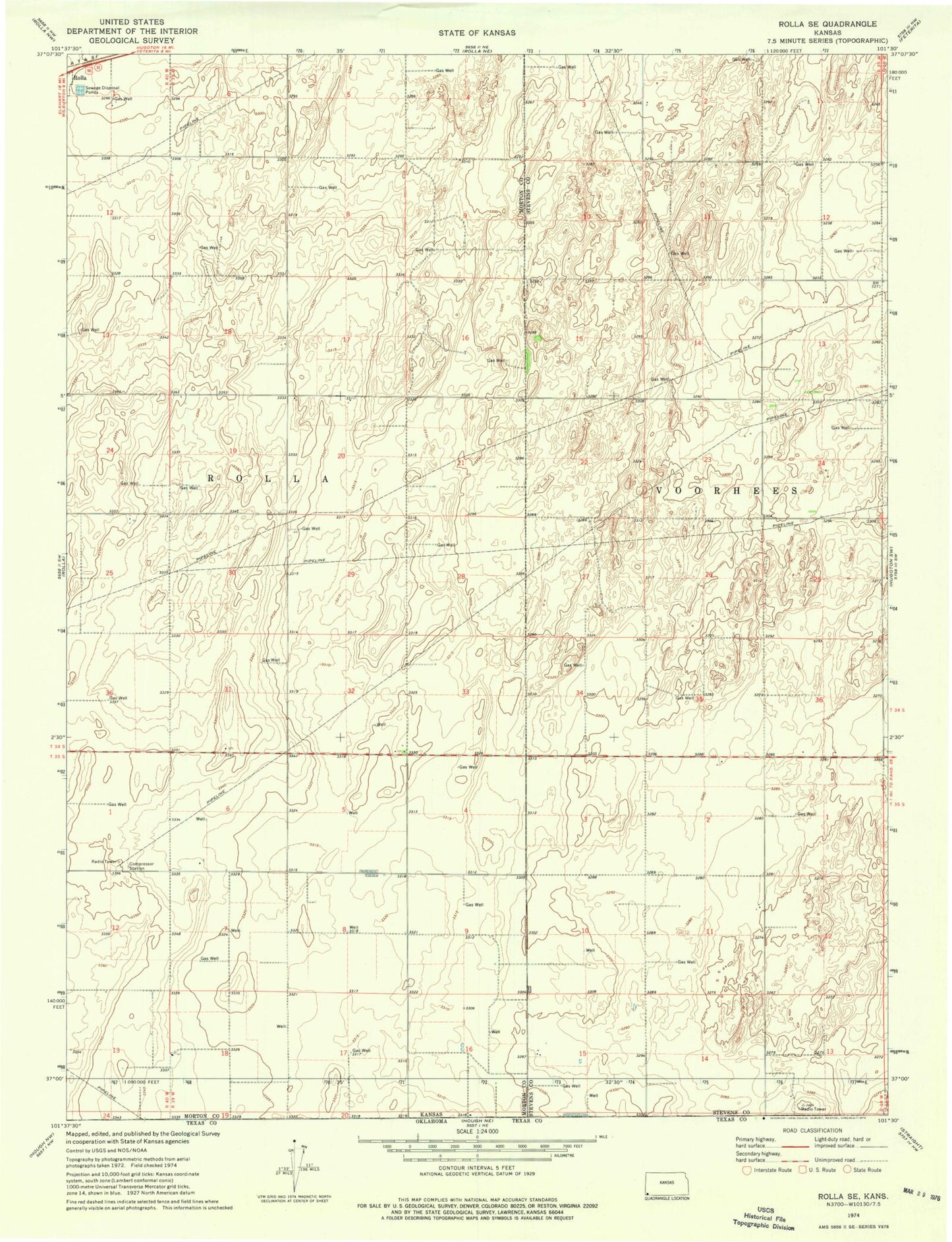 Classic USGS Rolla SE Kansas 7.5'x7.5' Topo Map Image