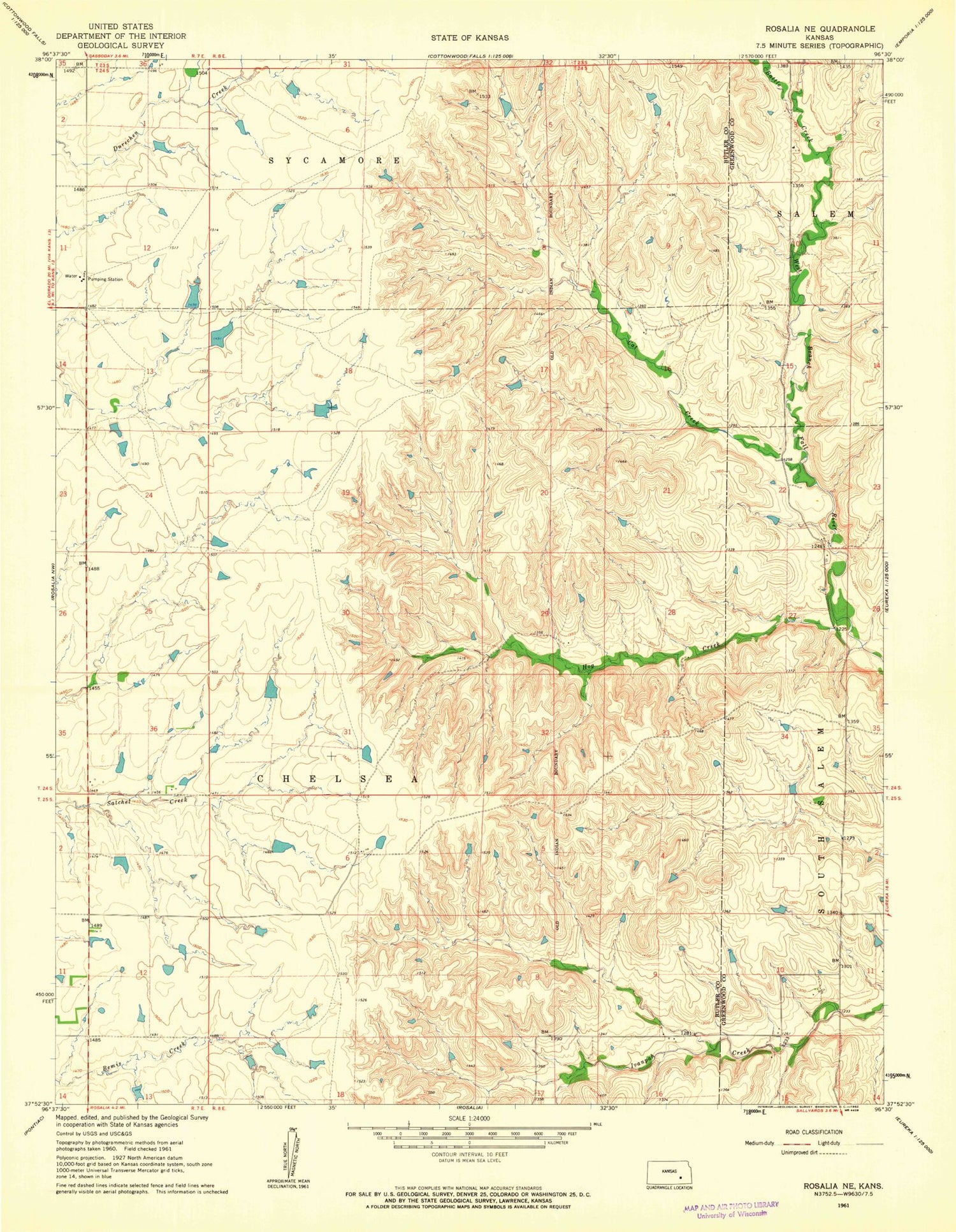Classic USGS Rosalia NE Kansas 7.5'x7.5' Topo Map Image