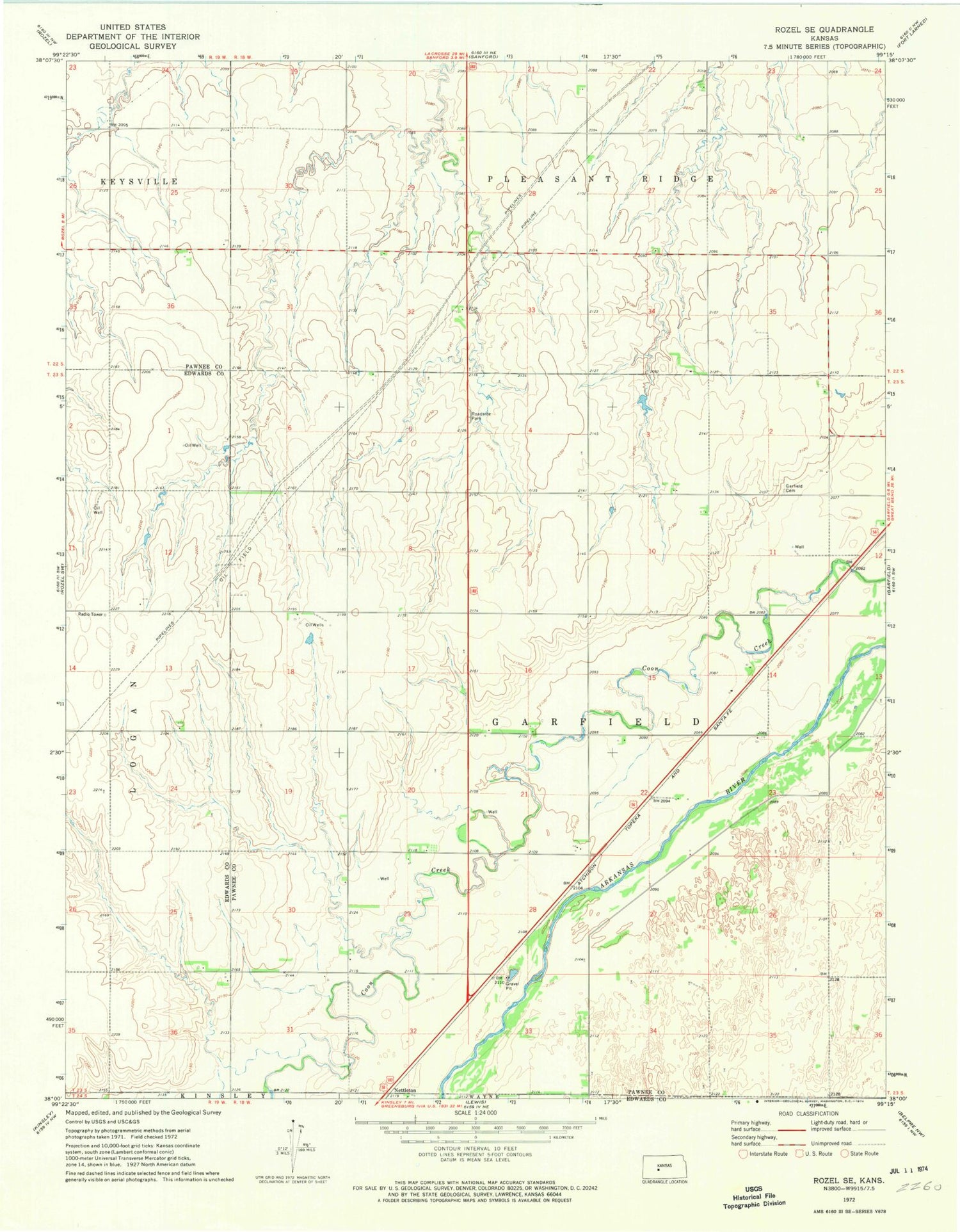 Classic USGS Rozel SE Kansas 7.5'x7.5' Topo Map Image