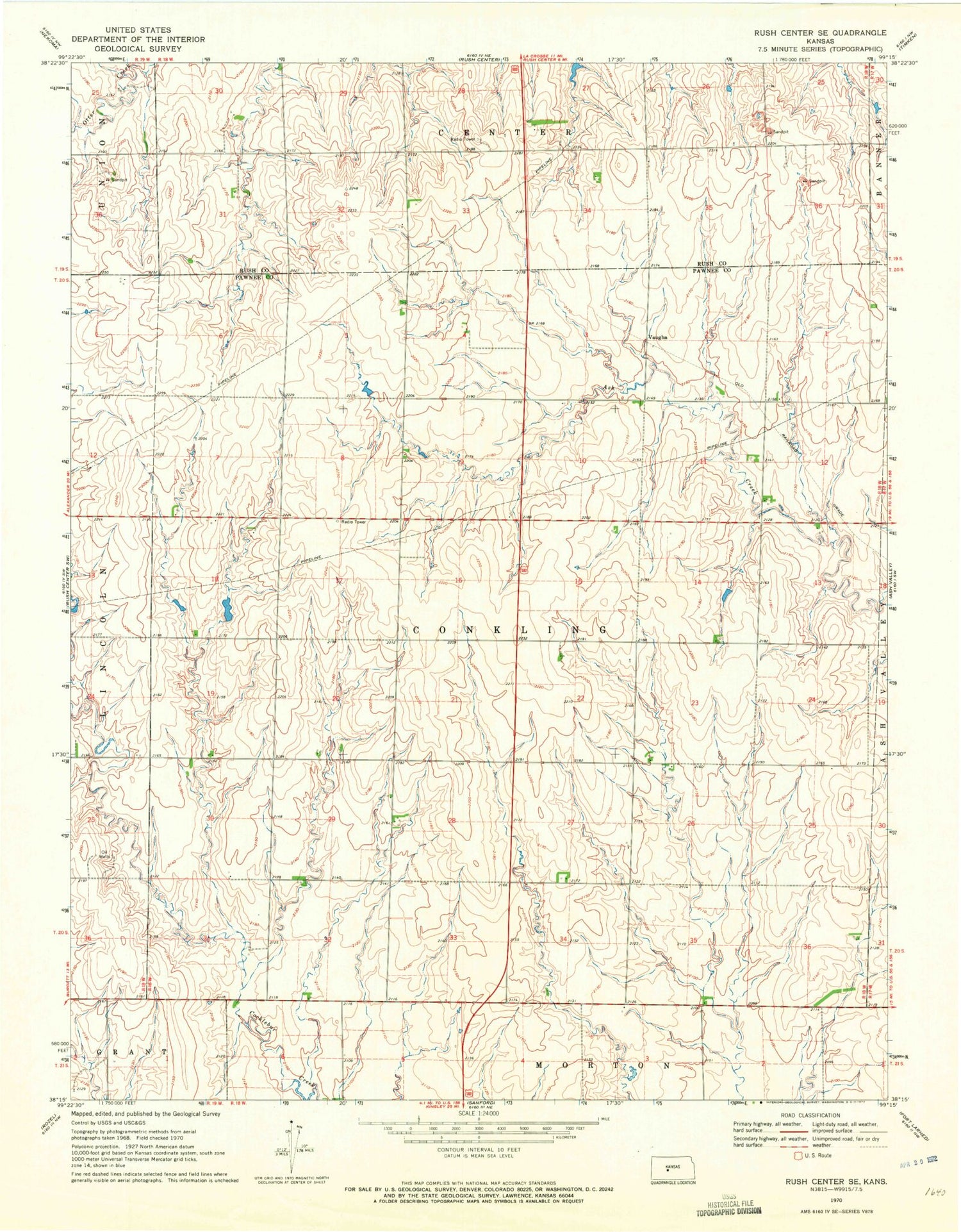 Classic USGS Rush Center SE Kansas 7.5'x7.5' Topo Map Image