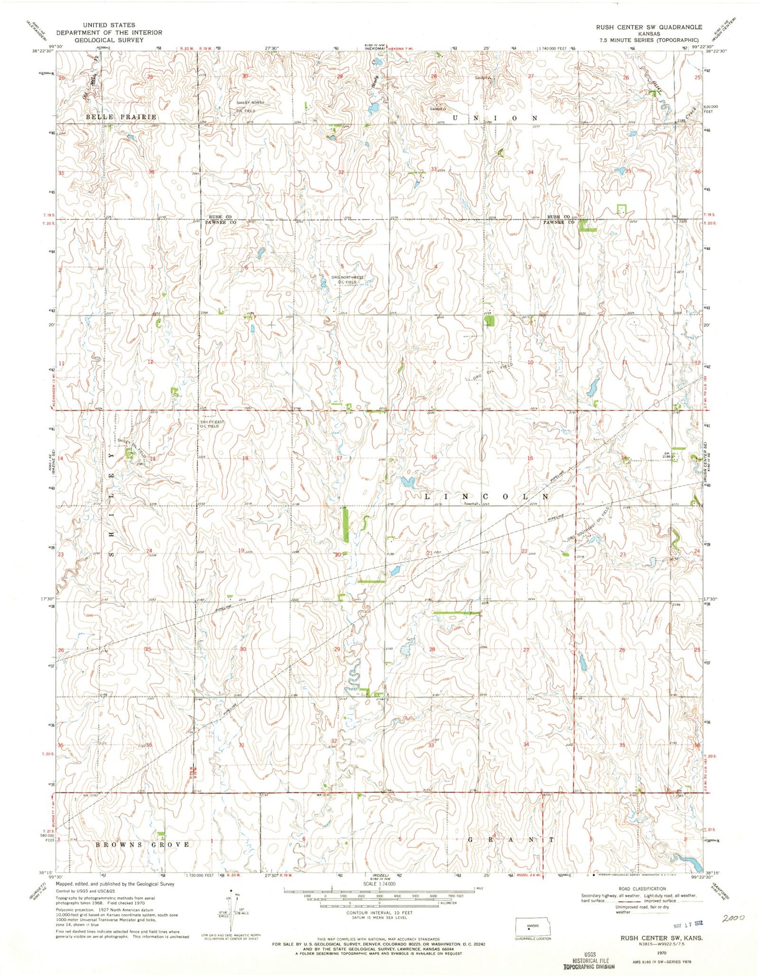 Classic USGS Rush Center SW Kansas 7.5'x7.5' Topo Map Image