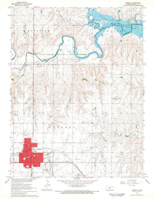 Classic USGS Russell Kansas 7.5'x7.5' Topo Map Image