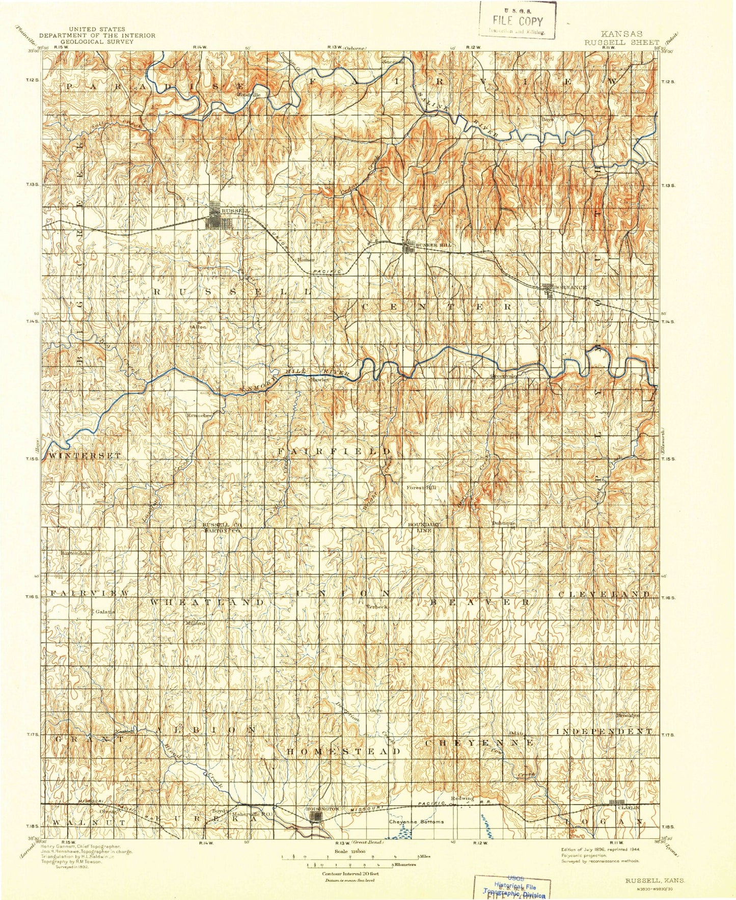 Historic 1896 Russel Kansas 30'x30' Topo Map Image