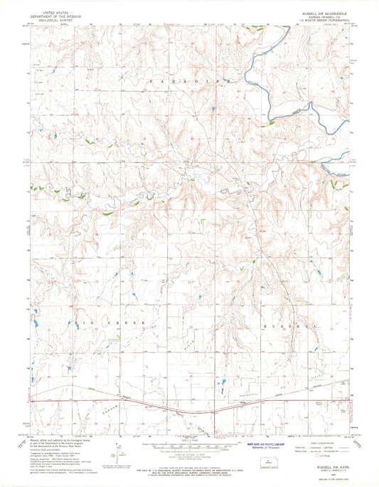 Classic USGS Russell NW Kansas 7.5'x7.5' Topo Map Image