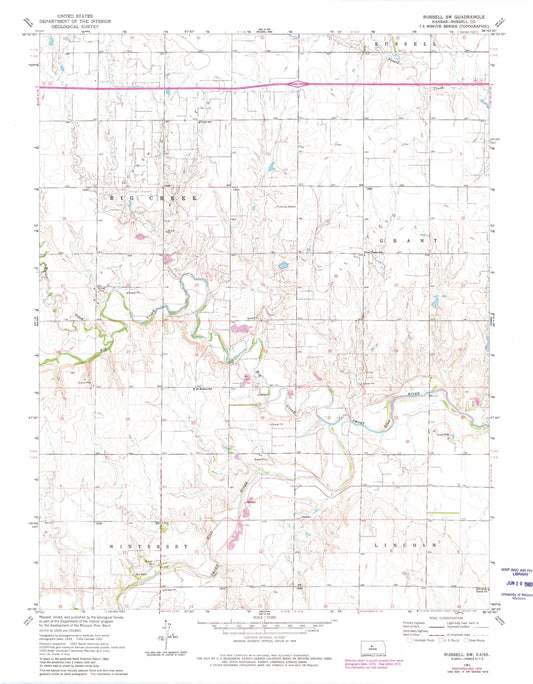 Classic USGS Russell SW Kansas 7.5'x7.5' Topo Map Image