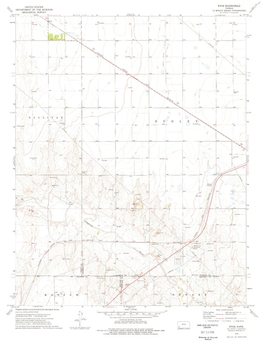 Classic USGS Ryus Kansas 7.5'x7.5' Topo Map Image