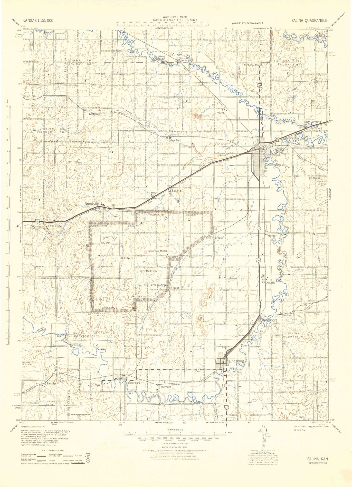Historic 1942 Salina Kansas 30'x30' Topo Map Image