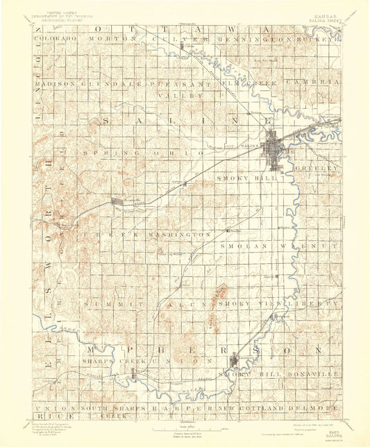 Historic 1892 Salina Kansas 30'x30' Topo Map Image