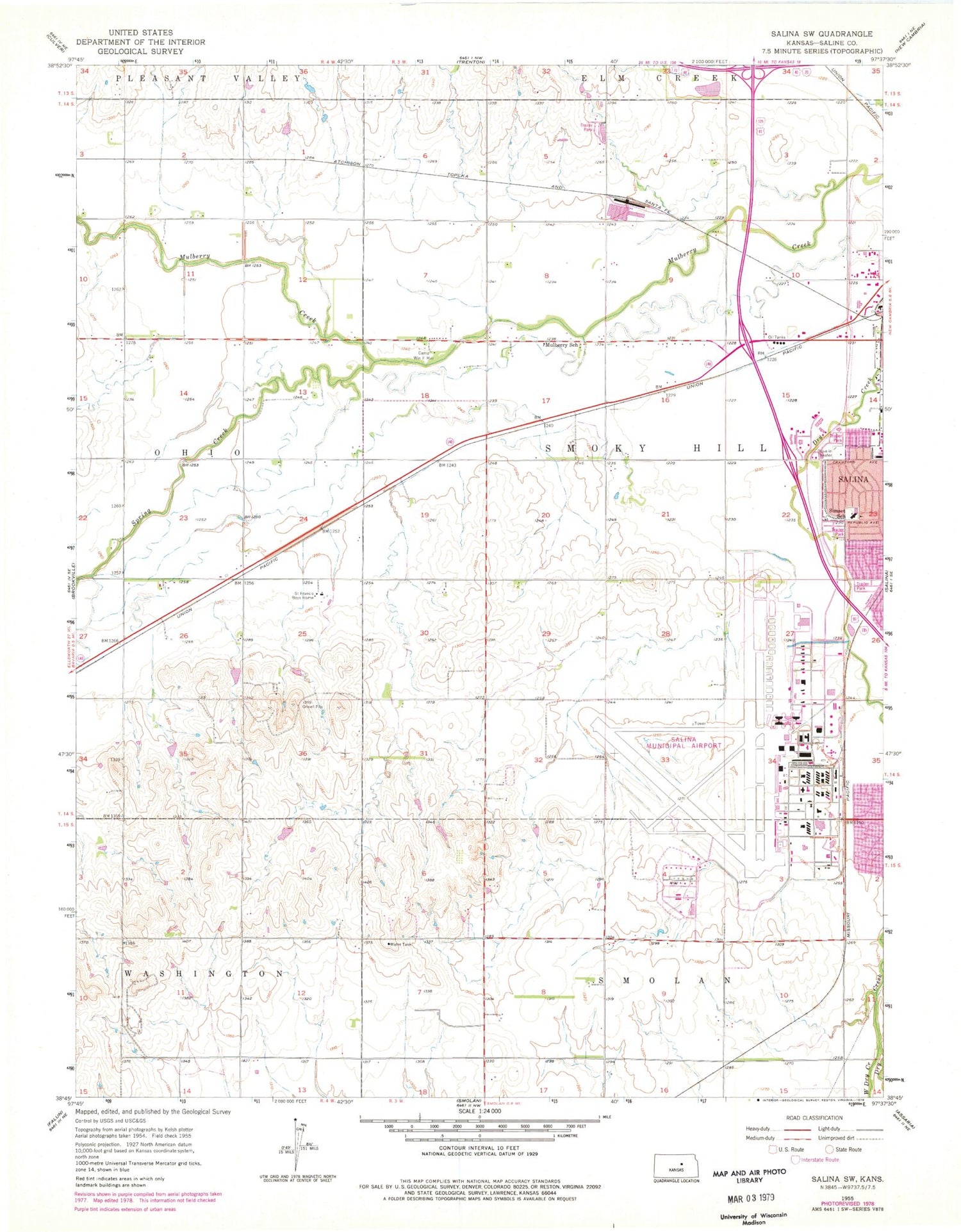 Classic USGS Salina SW Kansas 7.5'x7.5' Topo Map Image