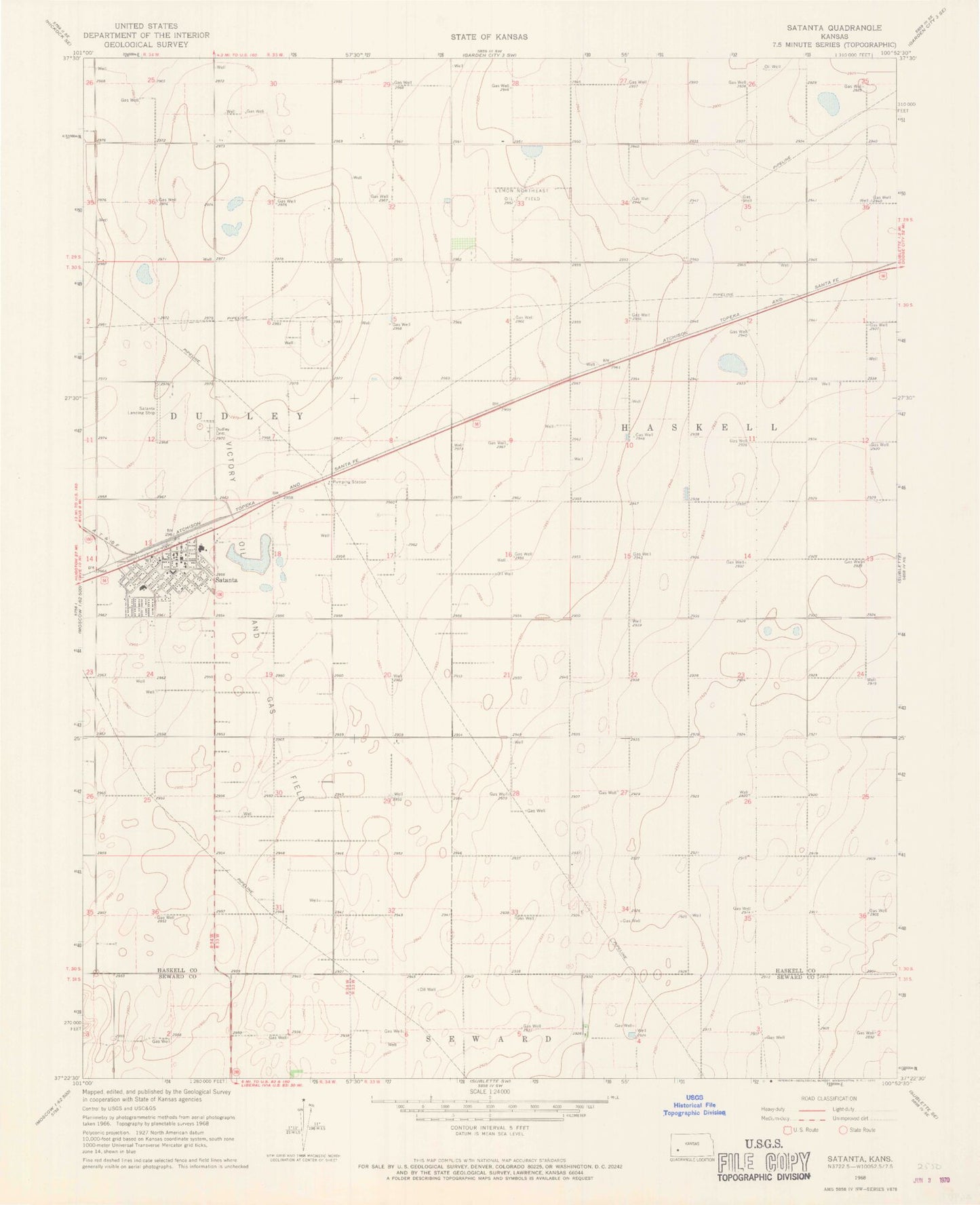 Classic USGS Satanta Kansas 7.5'x7.5' Topo Map Image