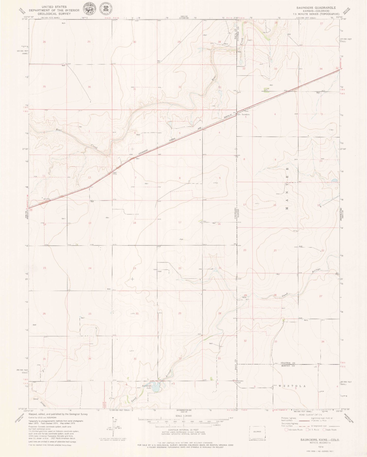 Classic USGS Saunders Kansas 7.5'x7.5' Topo Map Image