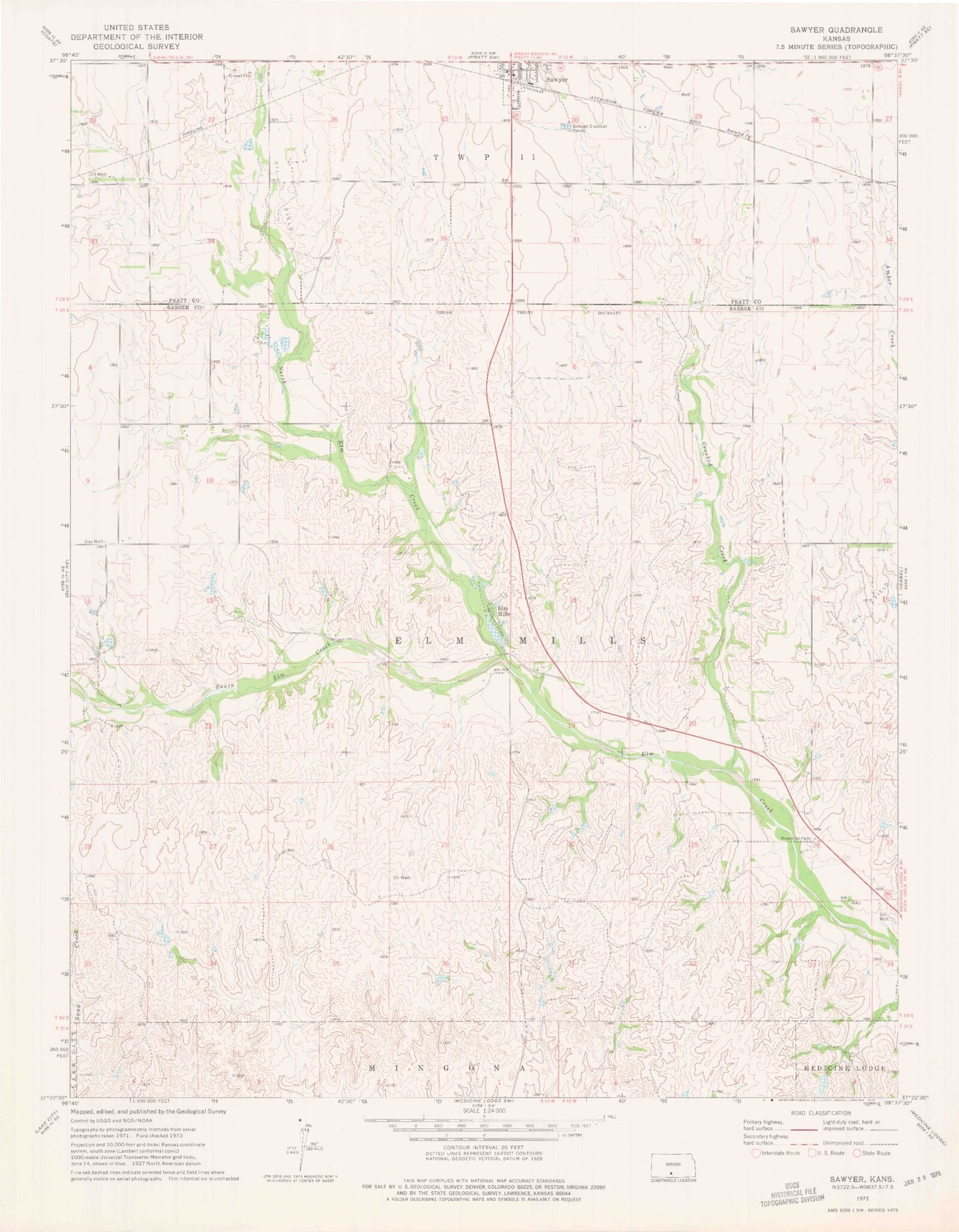 Classic USGS Sawyer Kansas 7.5'x7.5' Topo Map Image