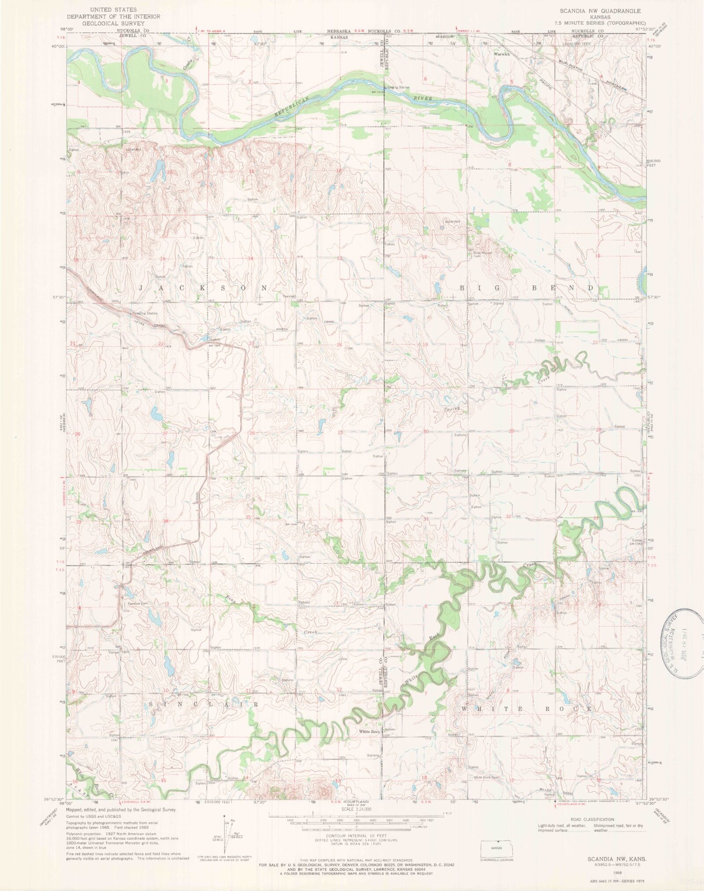 Classic USGS Scandia NW Kansas 7.5'x7.5' Topo Map Image