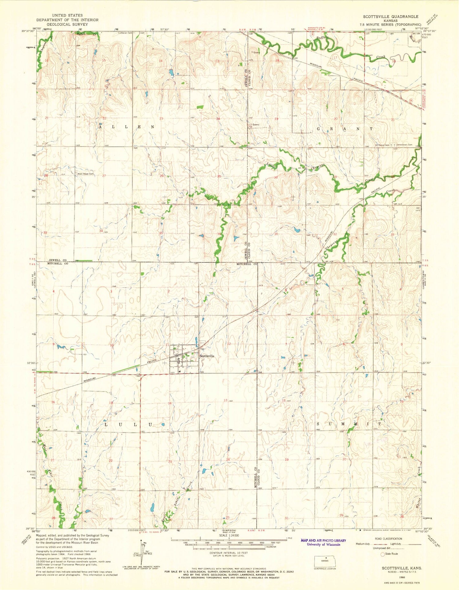 Classic USGS Scottsville Kansas 7.5'x7.5' Topo Map Image