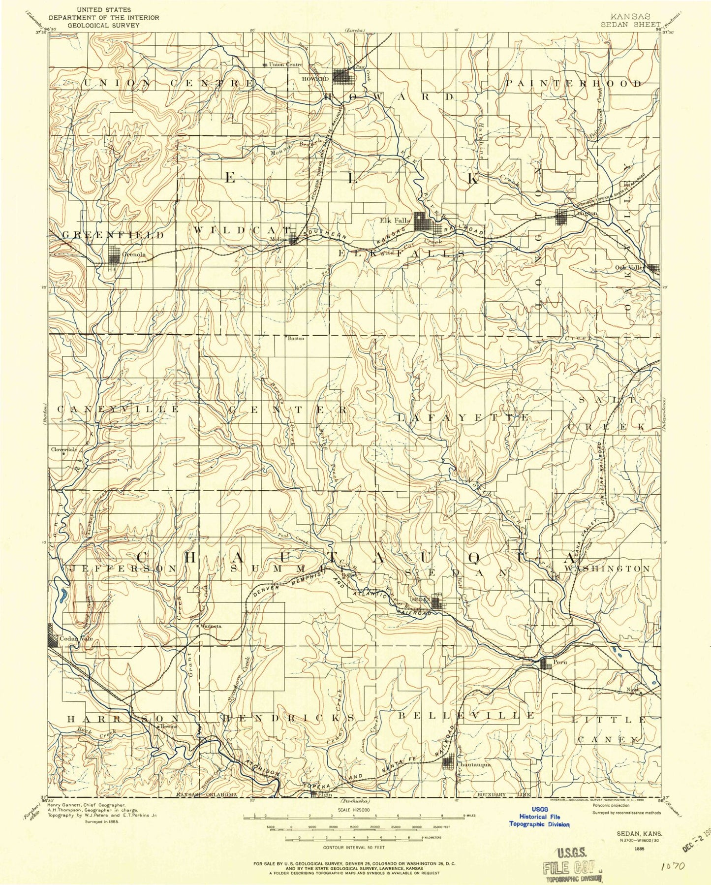 Historic 1885 Sedan Kansas 30'x30' Topo Map Image
