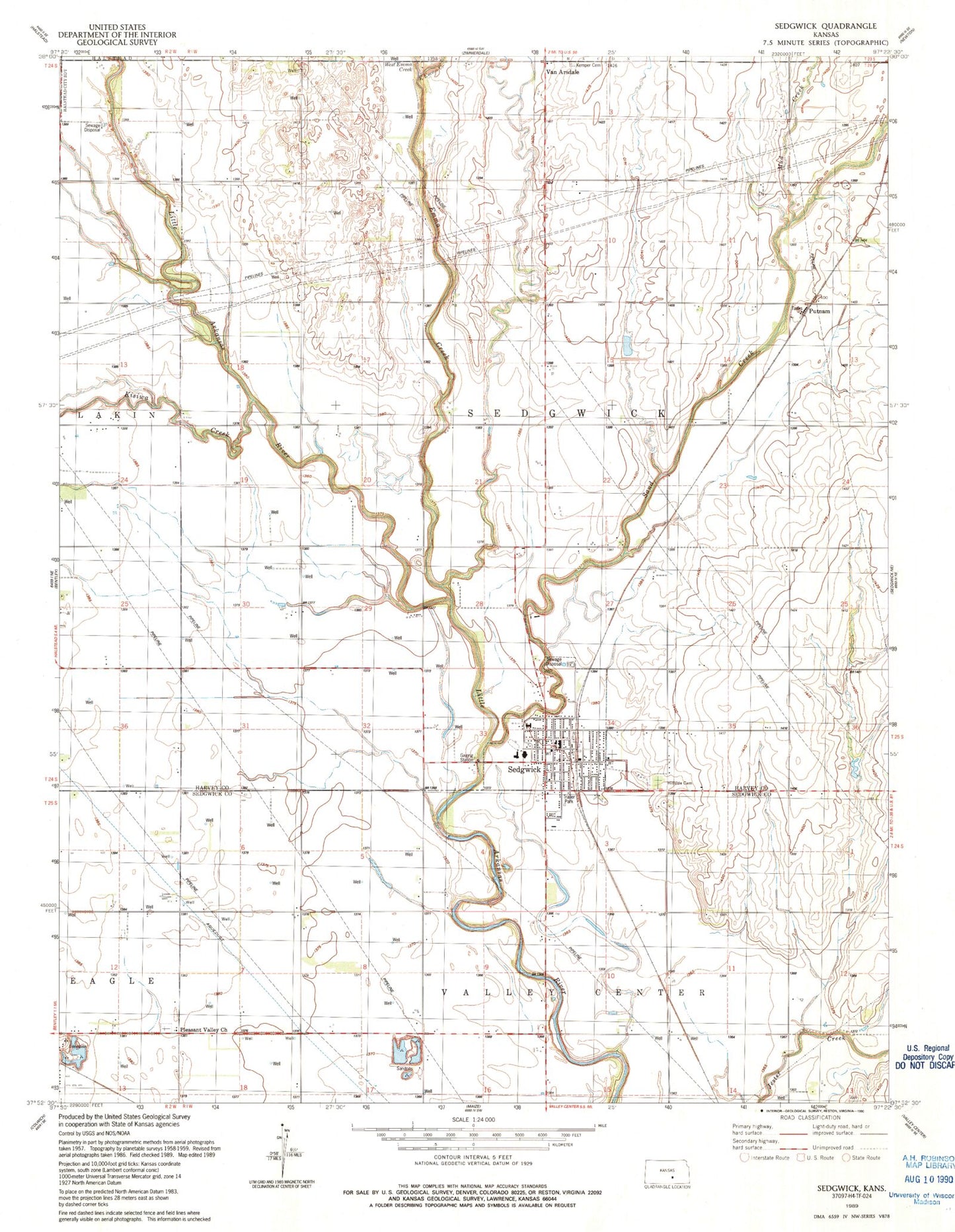 Classic USGS Sedgwick Kansas 7.5'x7.5' Topo Map Image