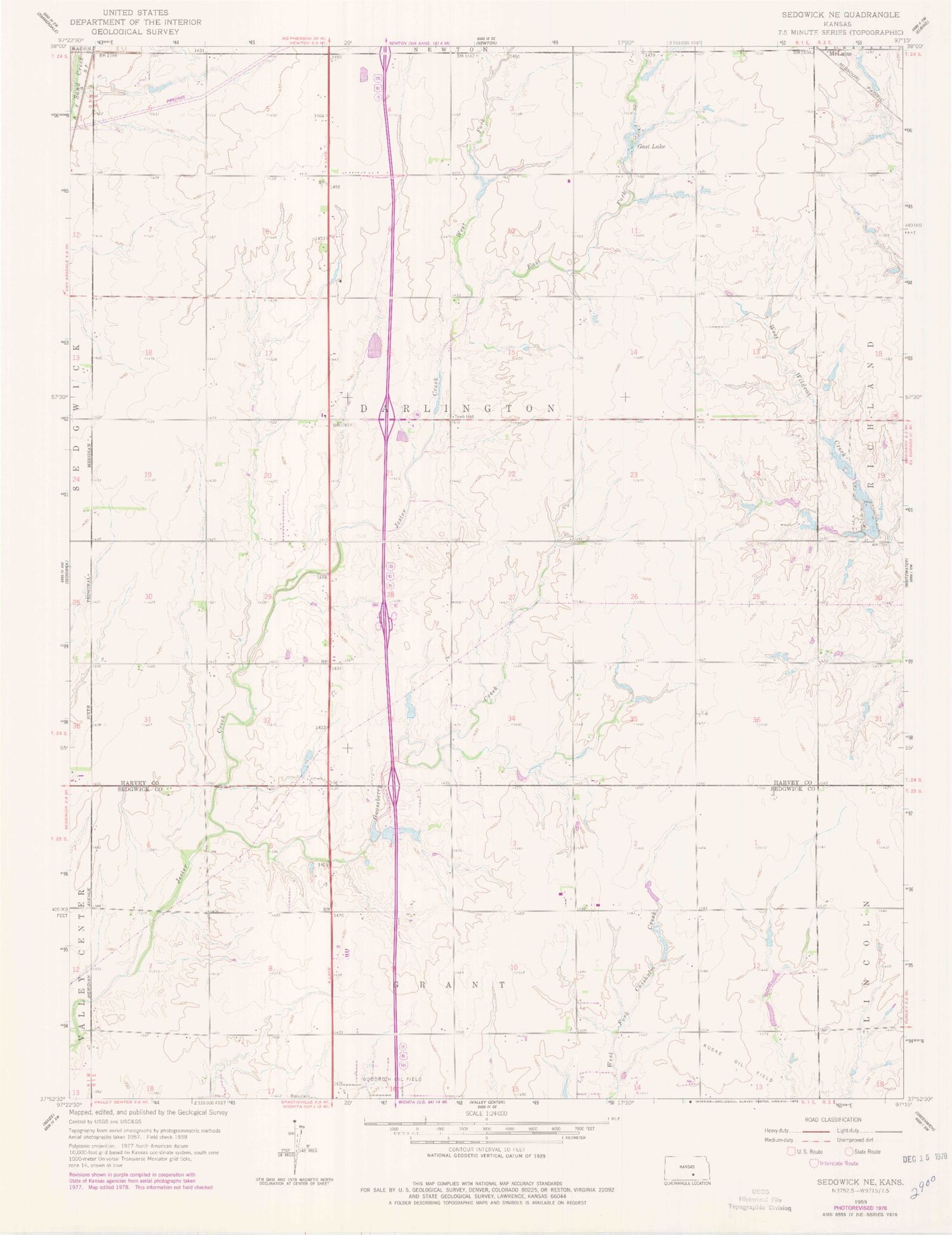 Classic USGS Sedgwick NE Kansas 7.5'x7.5' Topo Map Image