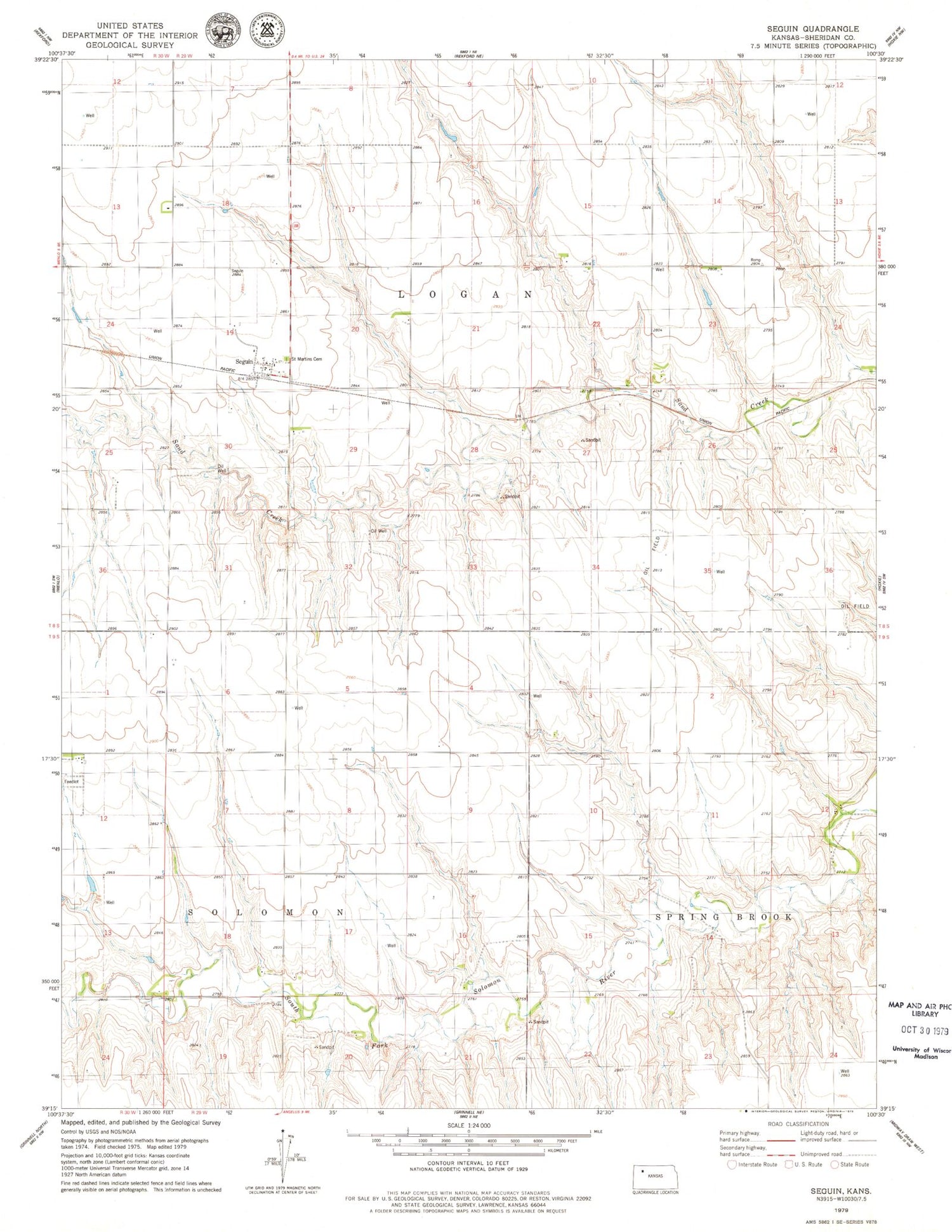 Classic USGS Seguin Kansas 7.5'x7.5' Topo Map Image