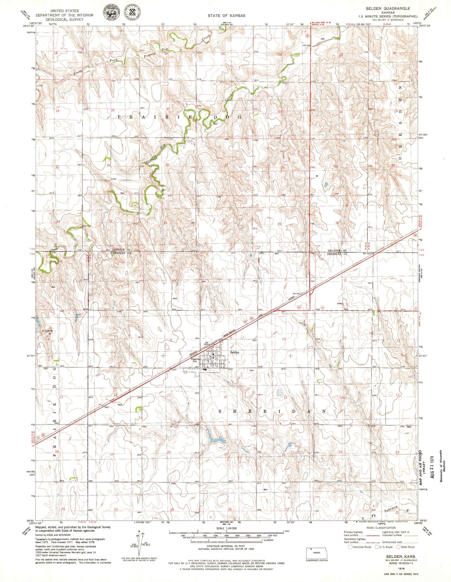 Classic USGS Selden Kansas 7.5'x7.5' Topo Map Image