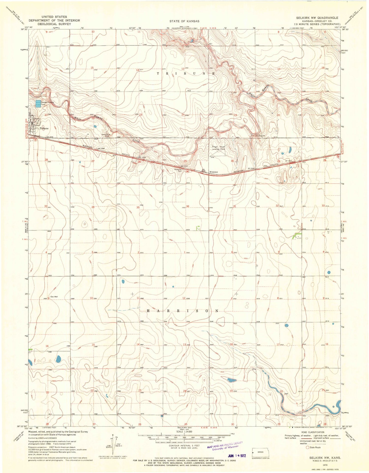 Classic USGS Selkirk NW Kansas 7.5'x7.5' Topo Map Image