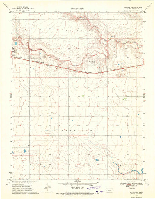 Classic USGS Selkirk NW Kansas 7.5'x7.5' Topo Map Image