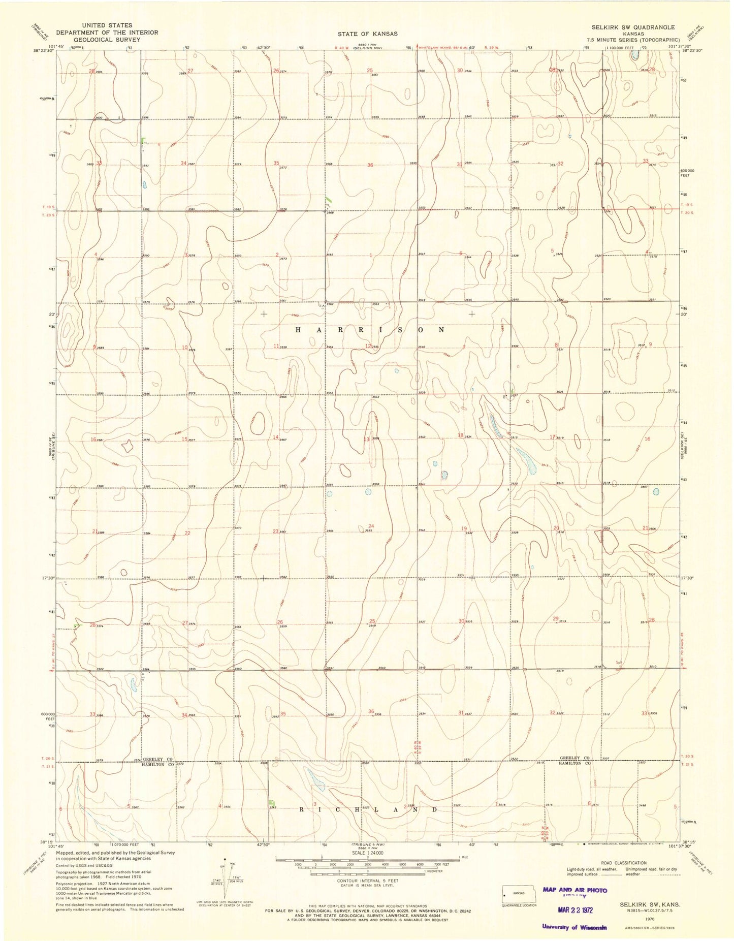 Classic USGS Selkirk SW Kansas 7.5'x7.5' Topo Map Image