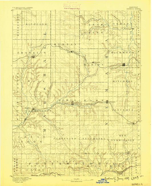 Historic 1889 Seneca Kansas 30'x30' Topo Map Image