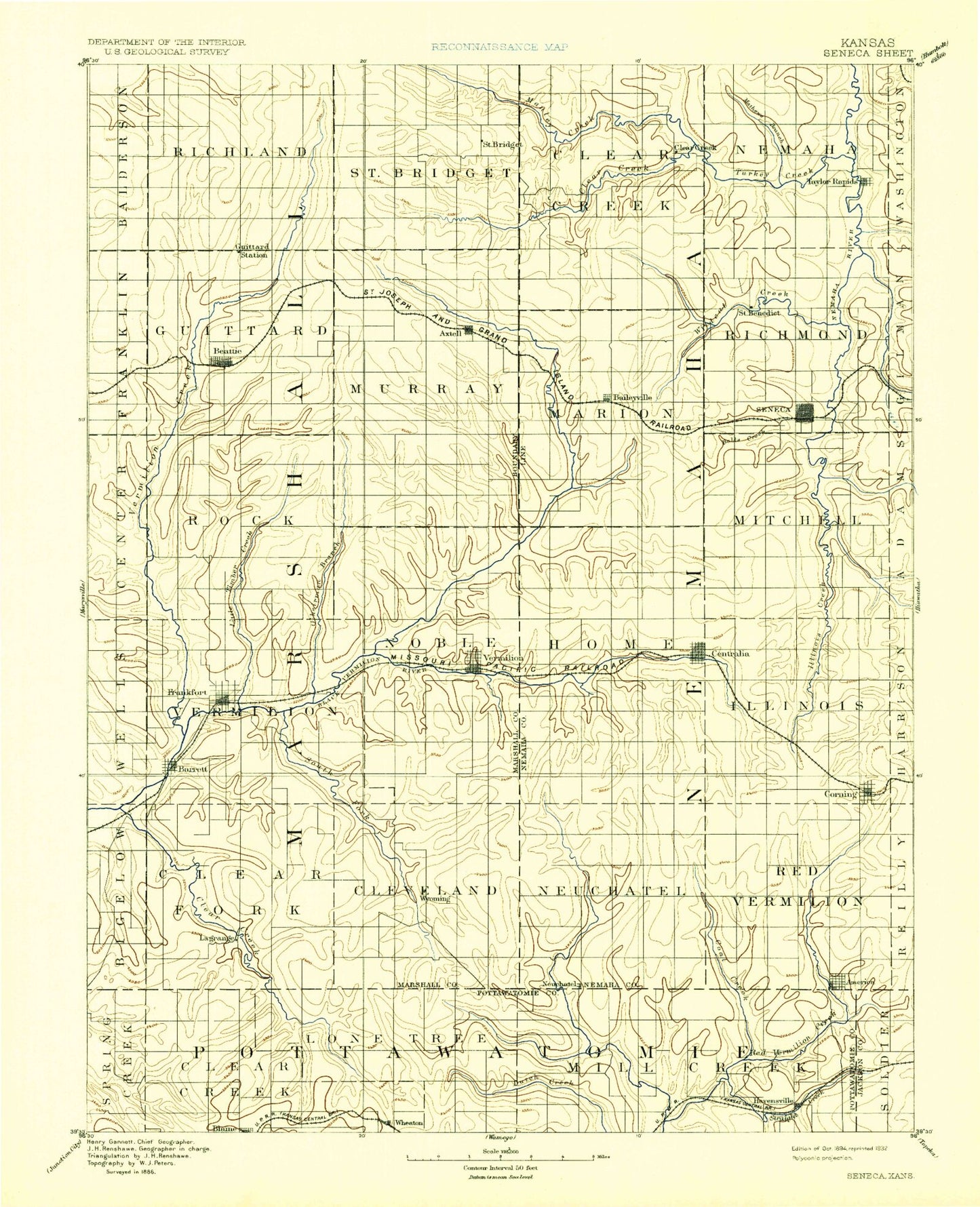 Historic 1894 Seneca Kansas 30'x30' Topo Map Image