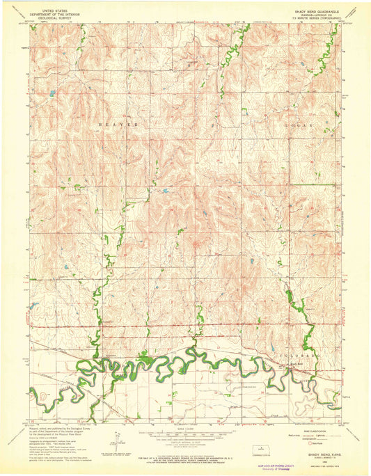 Classic USGS Shady Bend Kansas 7.5'x7.5' Topo Map Image