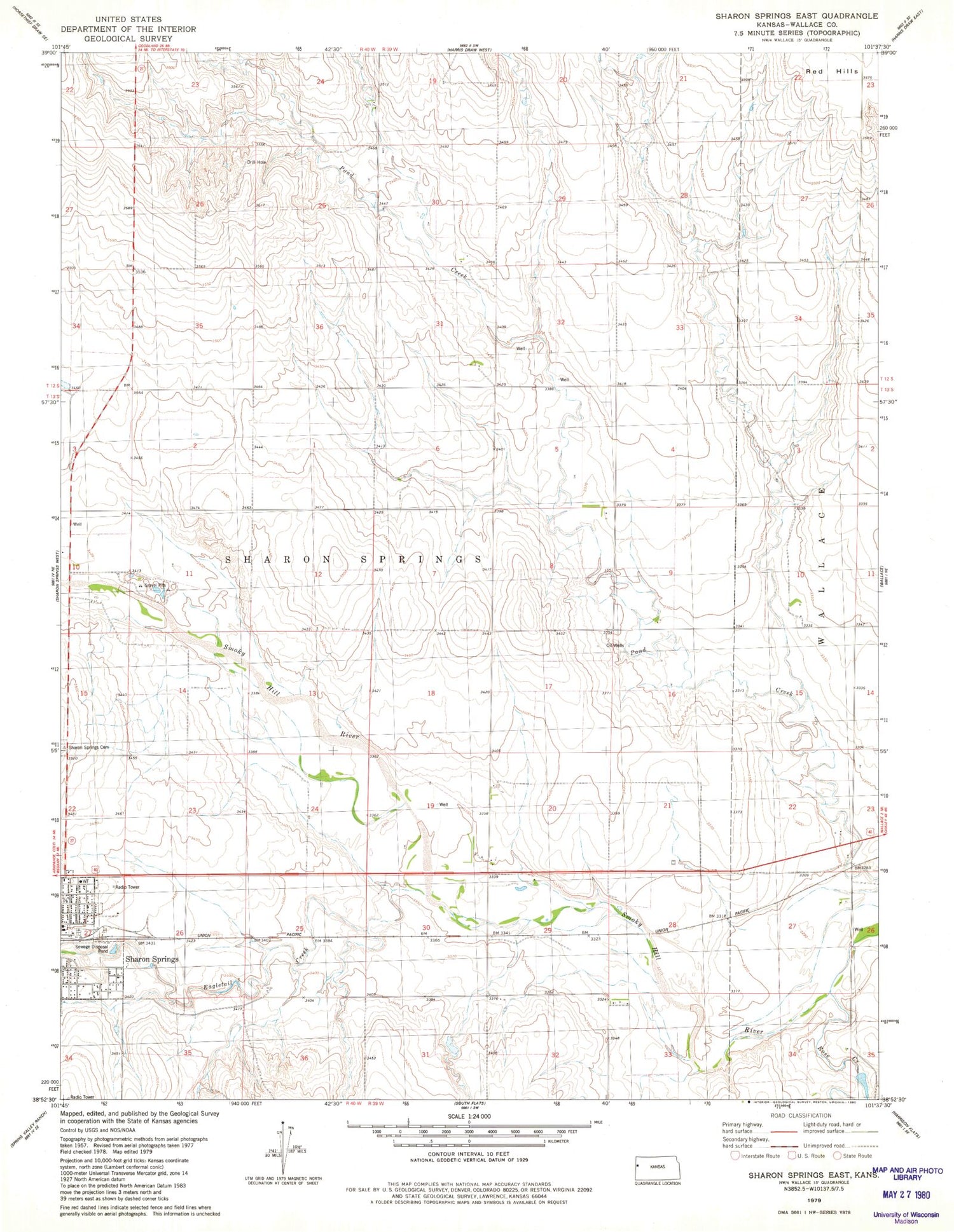 Classic USGS Sharon Springs East Kansas 7.5'x7.5' Topo Map Image