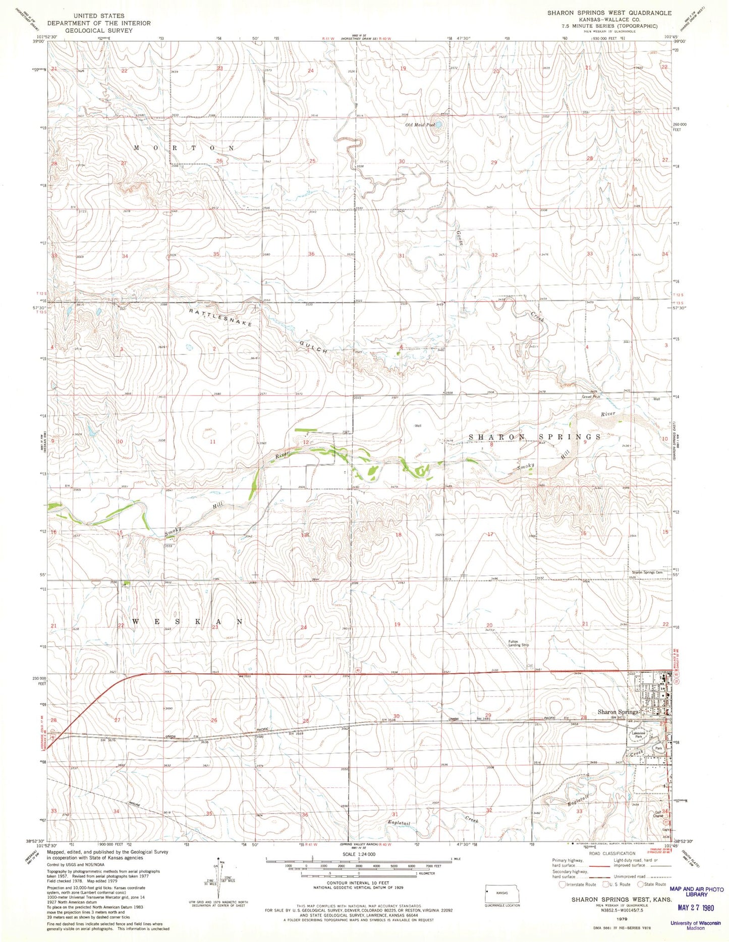Classic USGS Sharon Springs West Kansas 7.5'x7.5' Topo Map Image