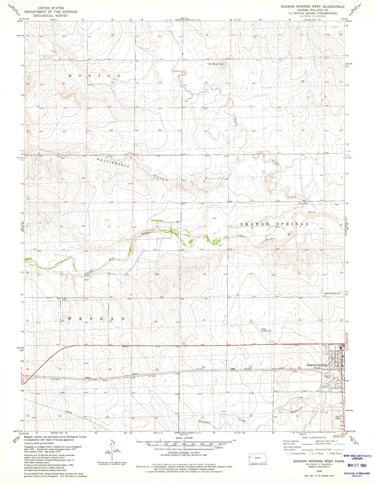 Classic USGS Sharon Springs West Kansas 7.5'x7.5' Topo Map Image