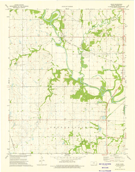 Classic USGS Shaw Kansas 7.5'x7.5' Topo Map Image