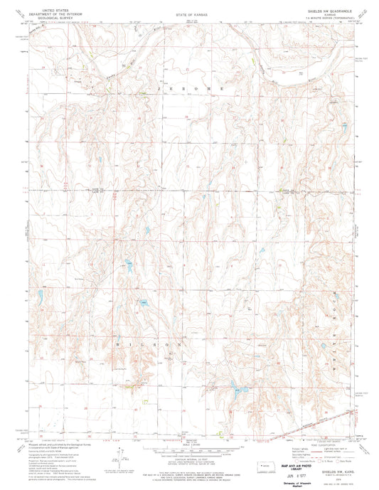 Classic USGS Shields NW Kansas 7.5'x7.5' Topo Map Image