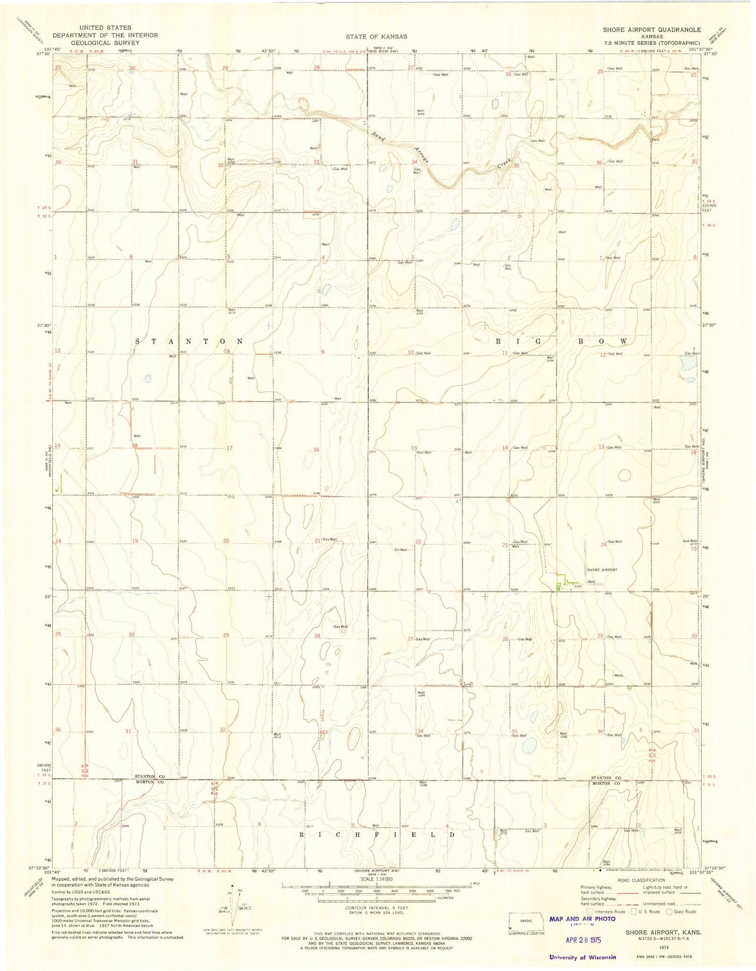 Classic USGS Shore Airport Kansas 7.5'x7.5' Topo Map Image