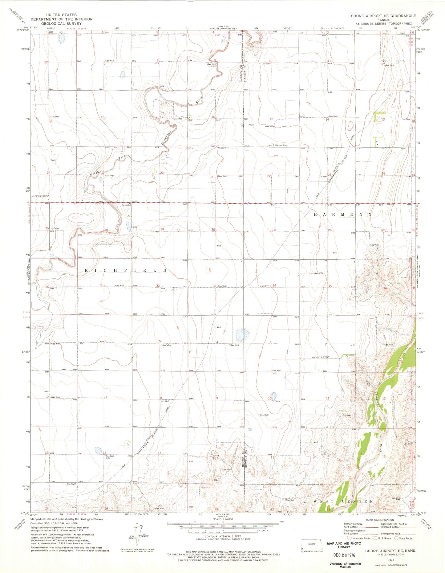 Classic USGS Shore Airport SE Kansas 7.5'x7.5' Topo Map Image