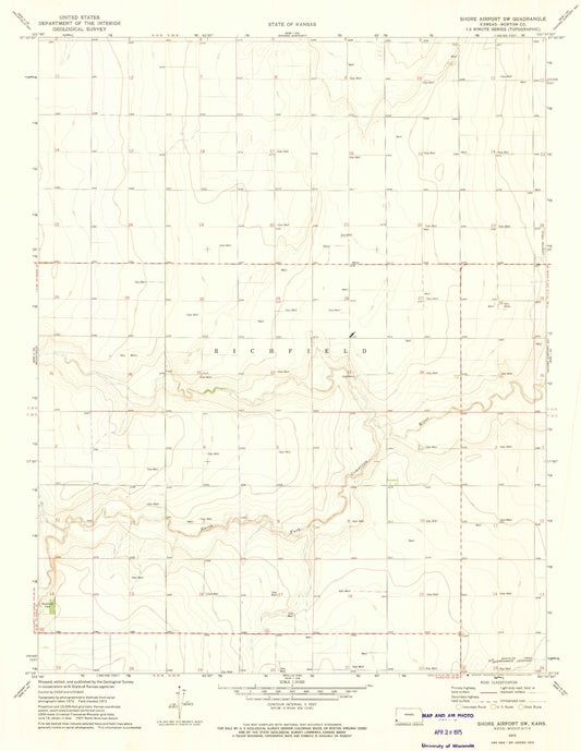 Classic USGS Shore Airport SW Kansas 7.5'x7.5' Topo Map Image