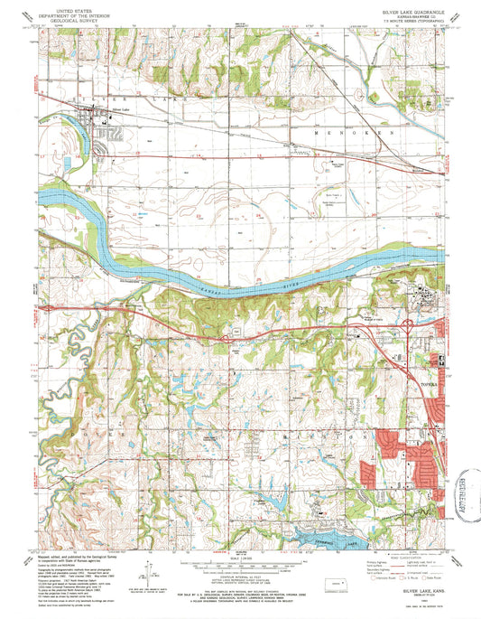 Classic USGS Silver Lake Kansas 7.5'x7.5' Topo Map Image