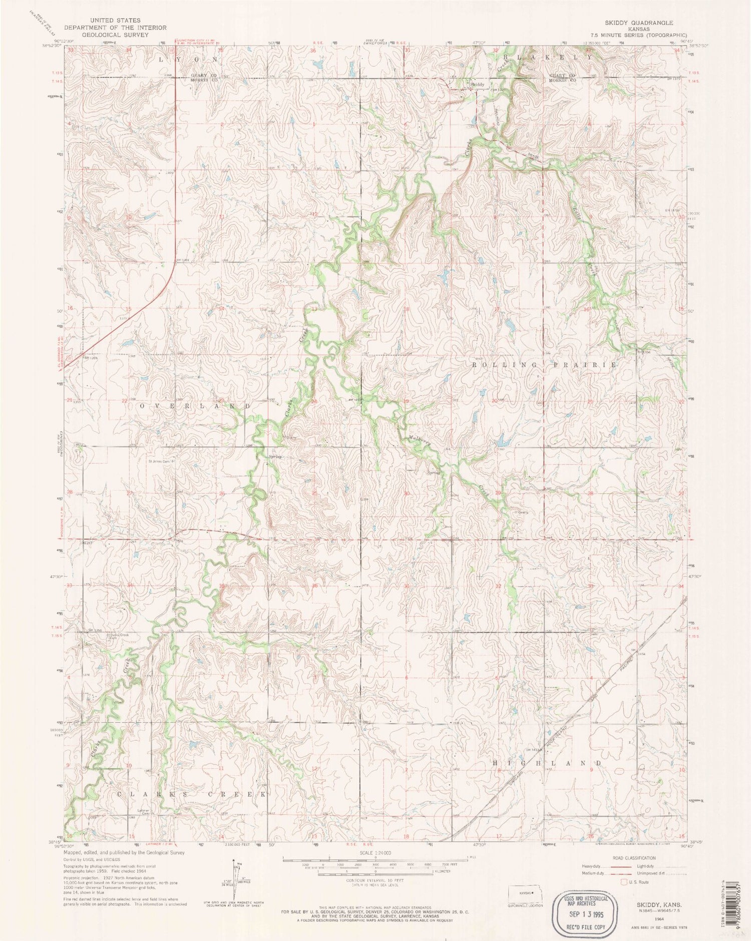 Classic USGS Skiddy Kansas 7.5'x7.5' Topo Map Image