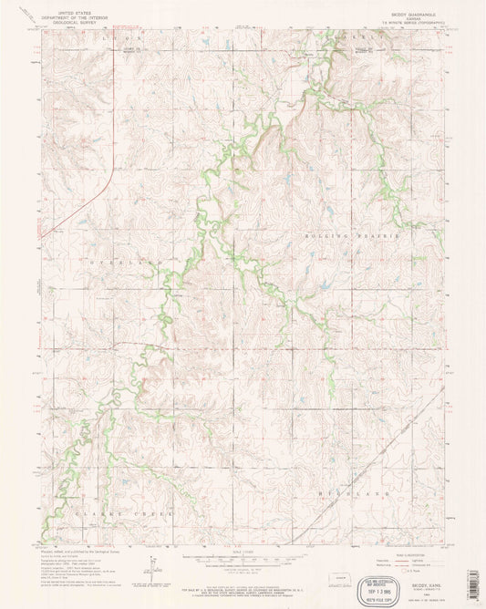 Classic USGS Skiddy Kansas 7.5'x7.5' Topo Map Image