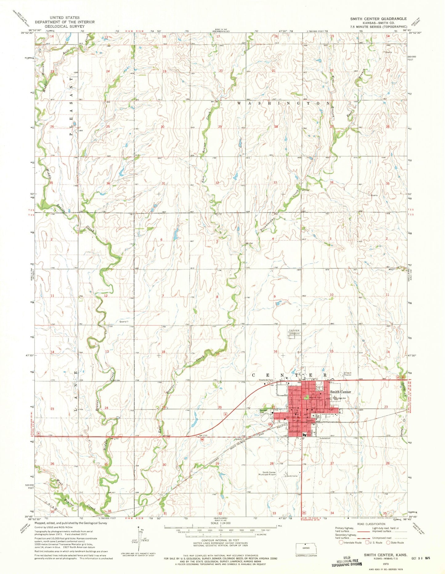 Classic USGS Smith Center Kansas 7.5'x7.5' Topo Map Image
