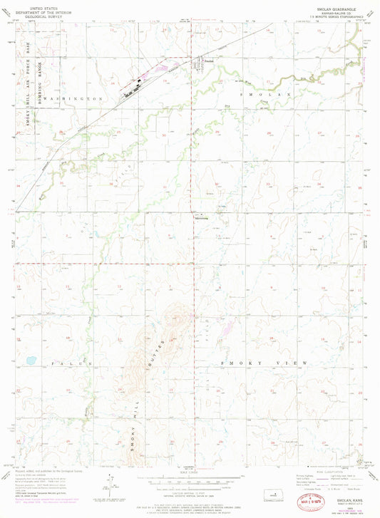 Classic USGS Smolan Kansas 7.5'x7.5' Topo Map Image