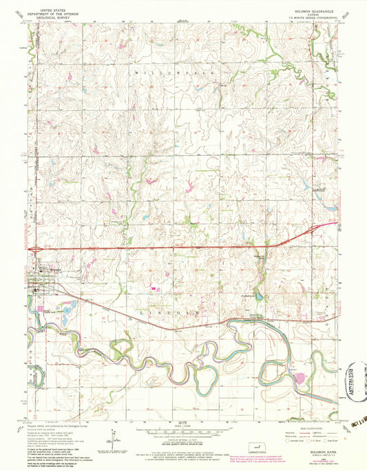 Classic USGS Solomon Kansas 7.5'x7.5' Topo Map Image