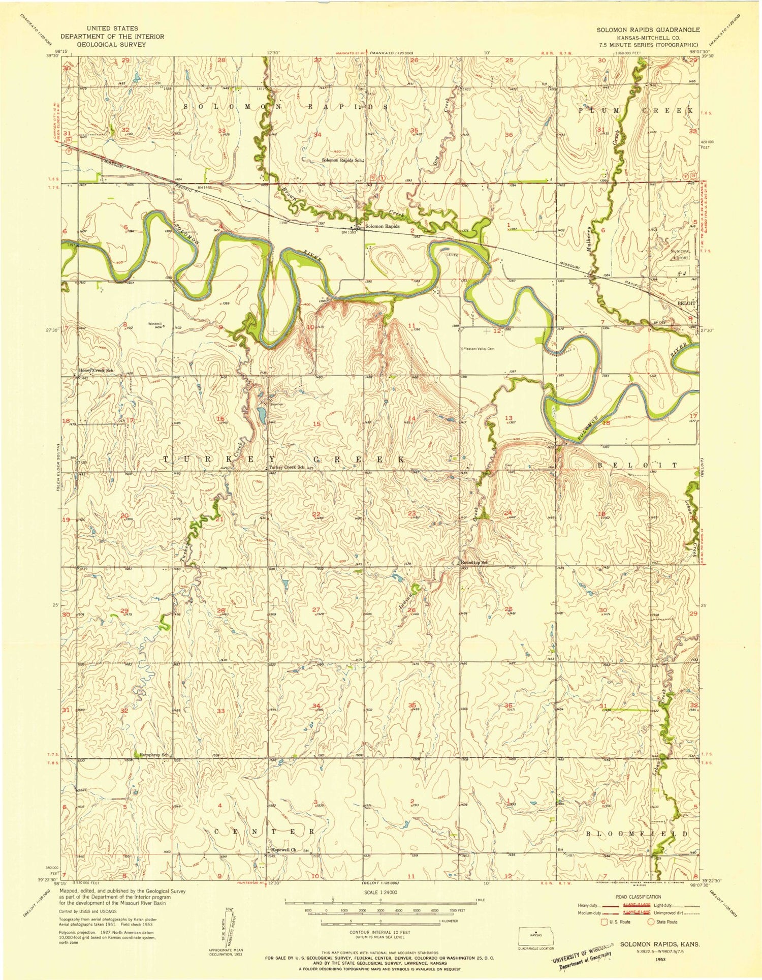 Classic USGS Solomon Rapids Kansas 7.5'x7.5' Topo Map Image