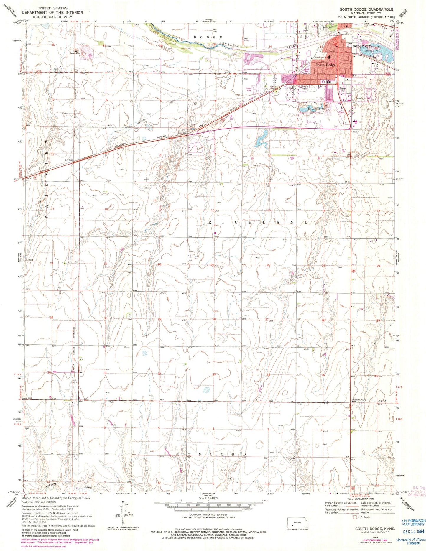 Classic USGS South Dodge Kansas 7.5'x7.5' Topo Map Image